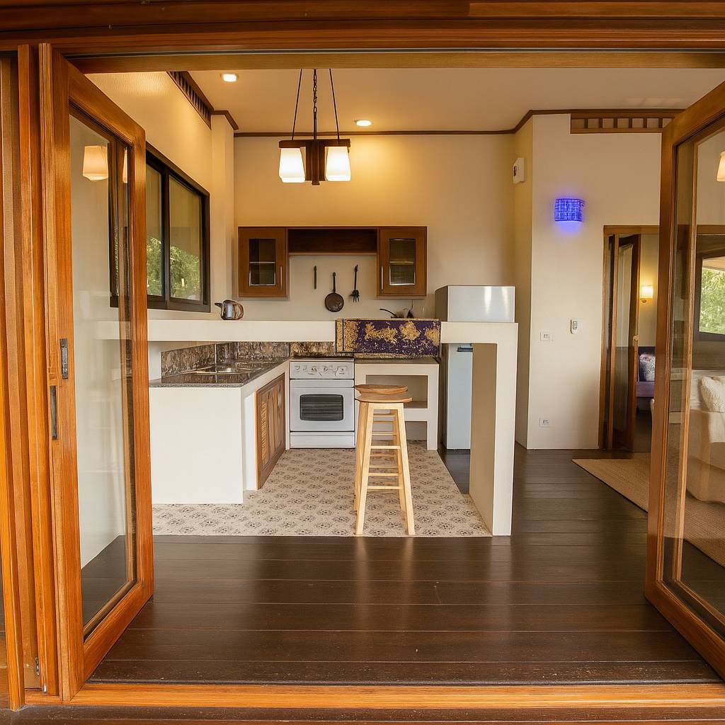 Bamboo kitchen with bar stools and modern appliances – Jungle Villa