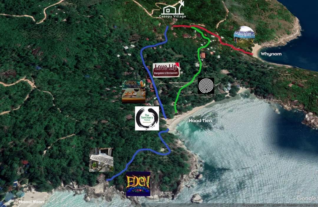 Tribay walking plan showing the layout of Haad Tien, Why Nam, and surrounding areas with walking paths and key locations marked