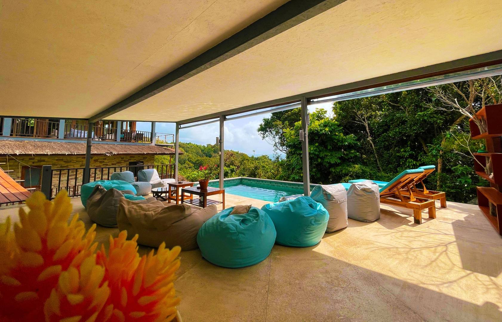 Saltwater pool with sun deck and jungle views – Canopy Village
